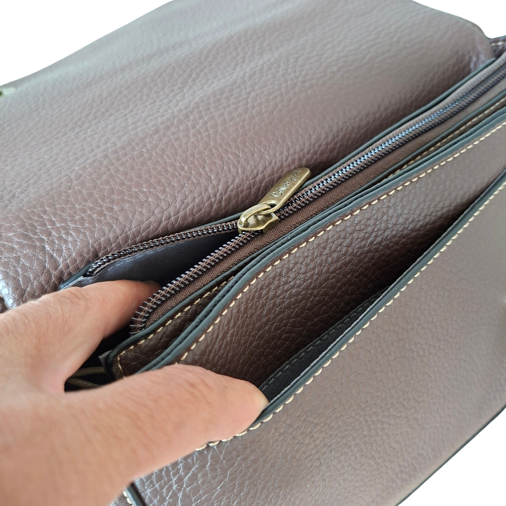 Cotton Road Sling Bag: COFFEE BROWN PU Leather Flap Crossbody with LEOPARD PRINT Panel & Branded Strap open pockets