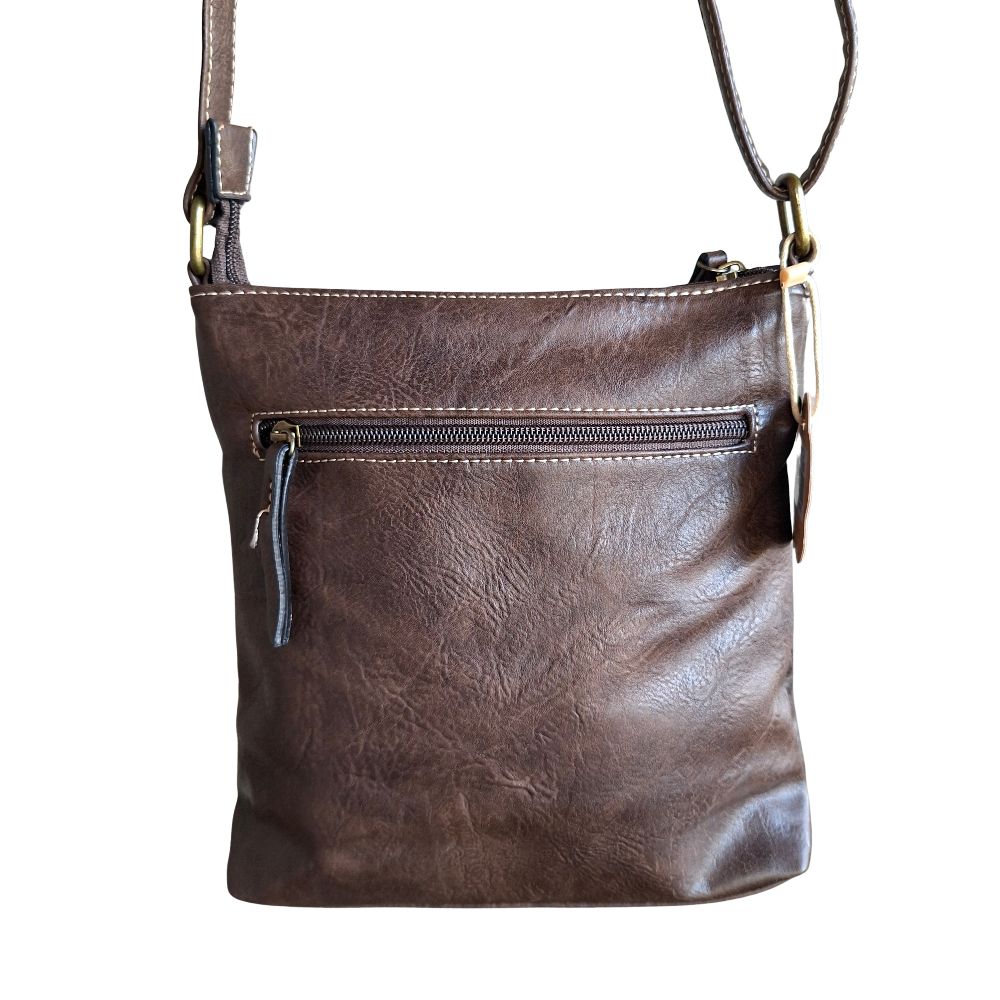 Cotton Road Sling Bag: COFFEE BROWN PU Leather with Metal Zips BACK VIEW