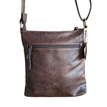 Cotton Road Sling Bag: COFFEE BROWN PU Leather with Metal Zips BACK VIEW