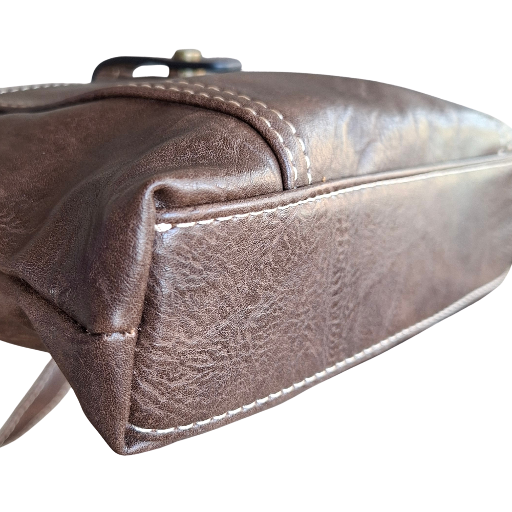 Cotton Road Sling Bag: COFFEE BROWN PU Leather with Metal Zips BOTTOM VIEW