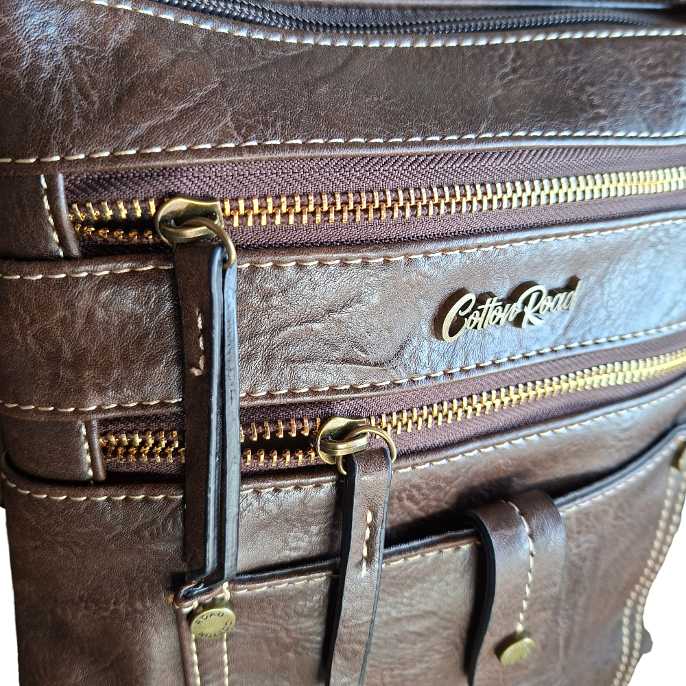 Cotton Road Sling Bag: COFFEE BROWN PU Leather with Metal Zips DETAIL