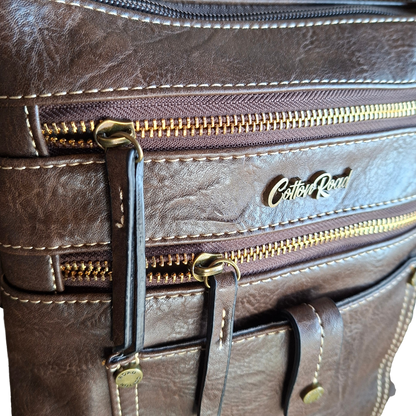 Cotton Road Sling Bag: COFFEE BROWN PU Leather with Metal Zips DETAIL