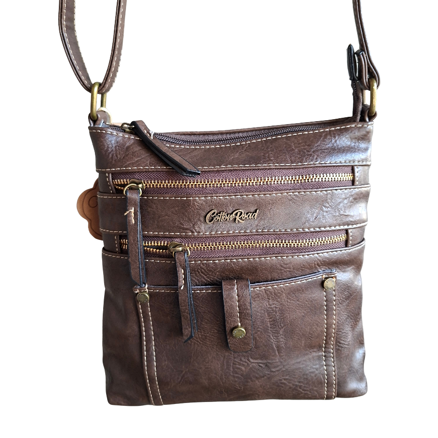 Cotton Road Sling Bag: COFFEE BROWN PU Leather with Metal Zips FRONT