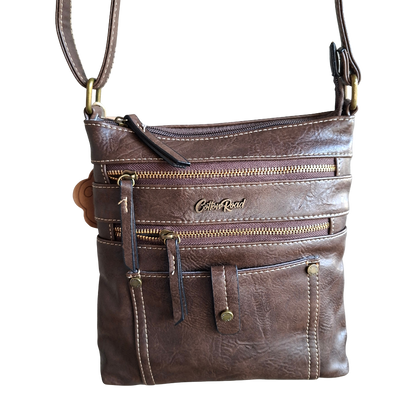Cotton Road Sling Bag: COFFEE BROWN PU Leather with Metal Zips FRONT