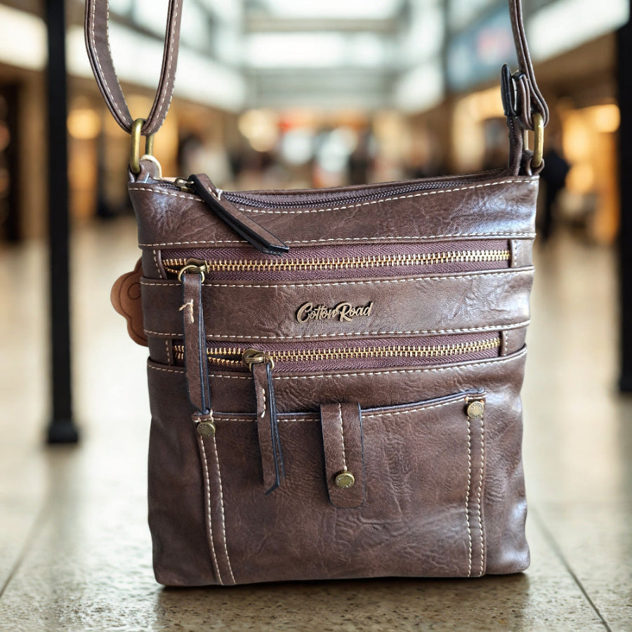 Cotton Road Sling Bag: COFFEE BROWN PU Leather with Metal Zips HERO