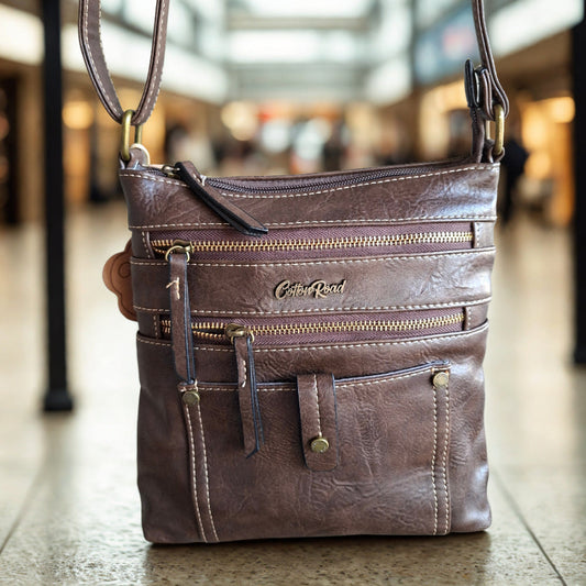 Cotton Road Sling Bag: COFFEE BROWN PU Leather with Metal Zips HERO