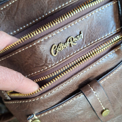 Cotton Road Sling Bag: COFFEE BROWN PU Leather with Metal Zips OPEN