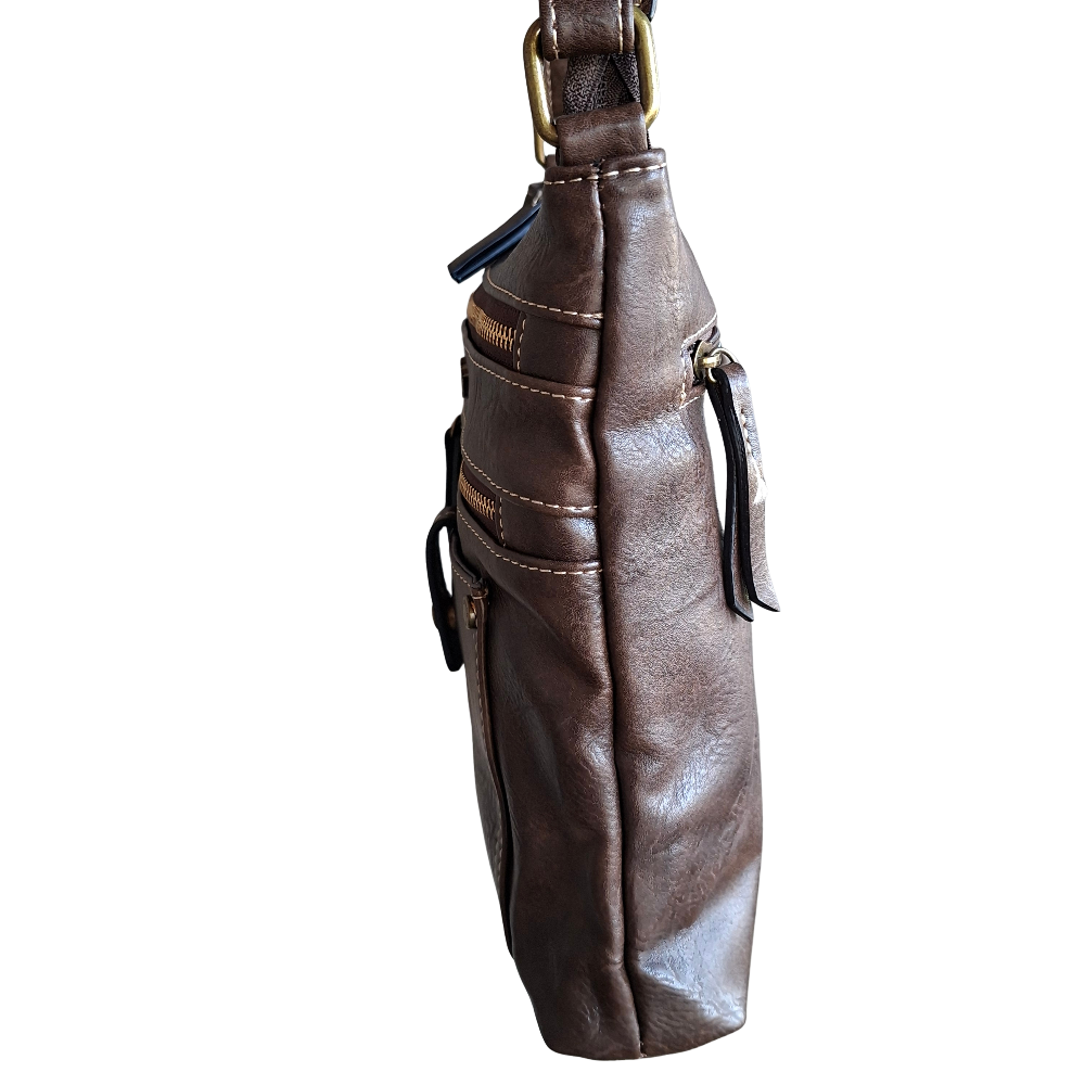 Cotton Road Sling Bag: COFFEE BROWN PU Leather with Metal Zips SIDE VIEW
