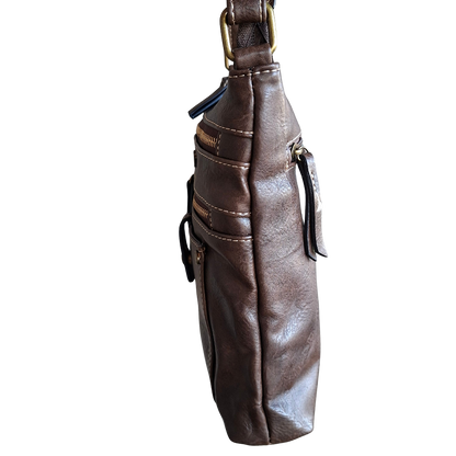 Cotton Road Sling Bag: COFFEE BROWN PU Leather with Metal Zips SIDE VIEW