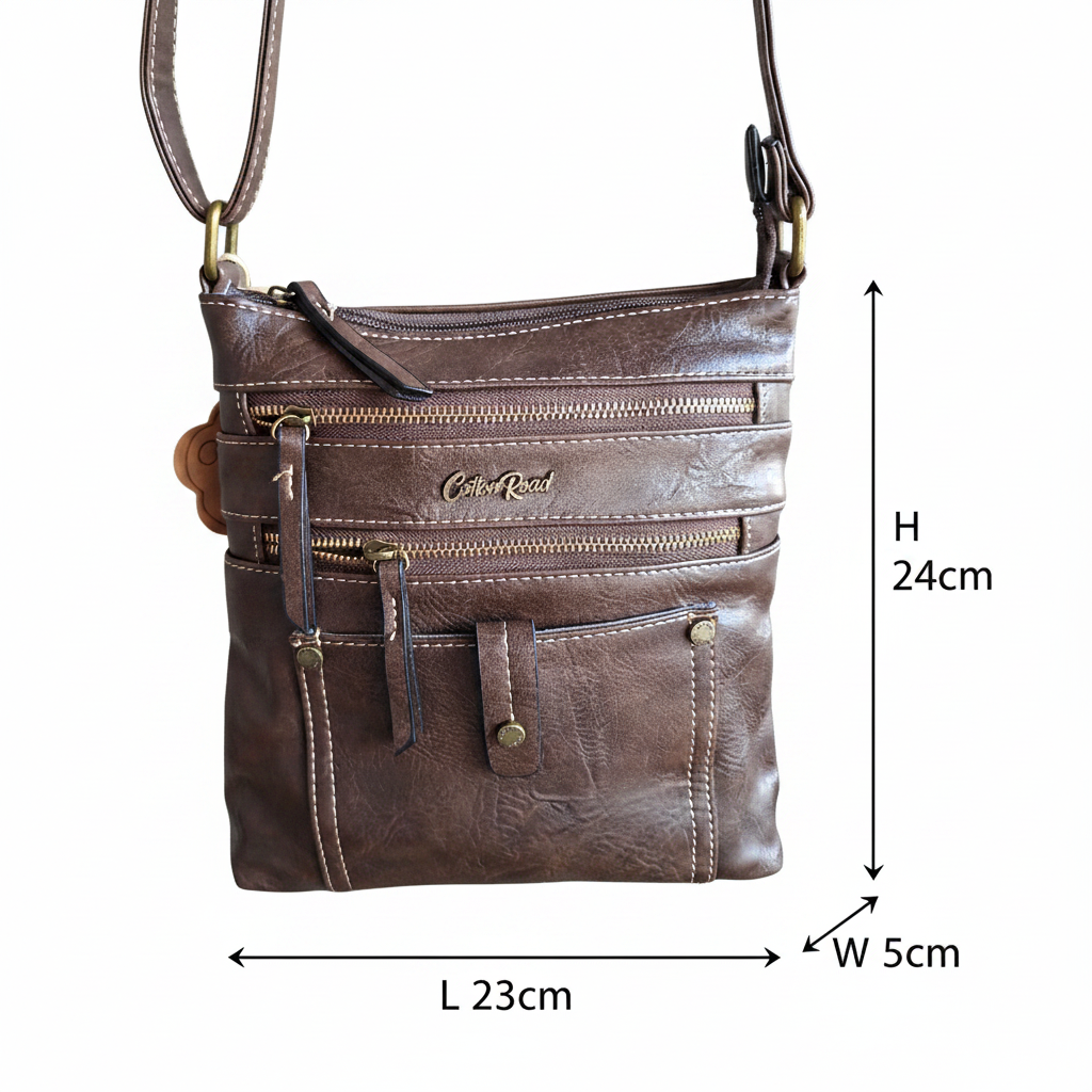 Cotton Road Sling Bag: COFFEE BROWN PU Leather with Metal Zips SIZE