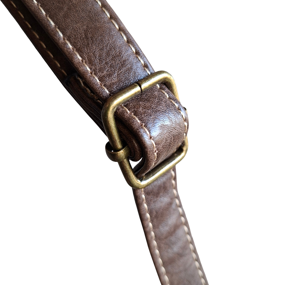 Cotton Road Sling Bag: COFFEE BROWN PU Leather with Metal Zips STRAP VIEW
