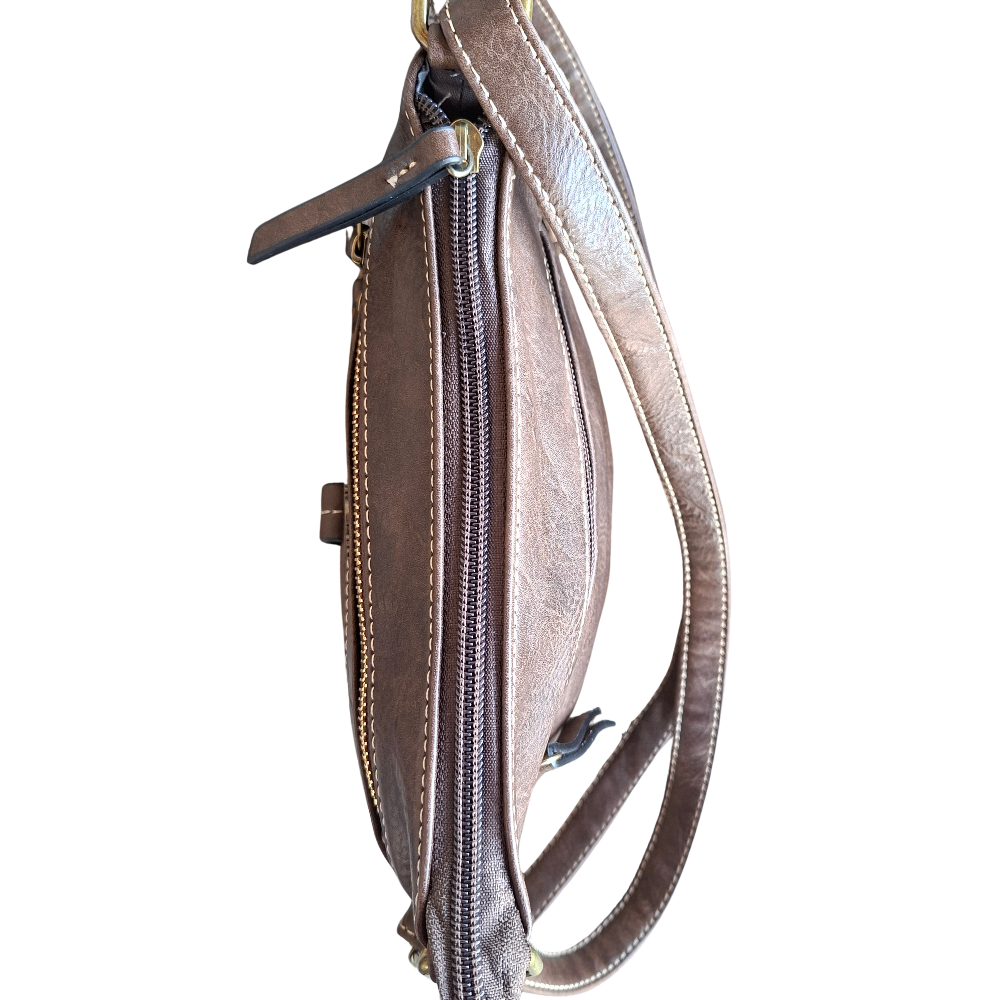 Cotton Road Sling Bag: COFFEE BROWN PU Leather with Metal Zips TOP VIEW