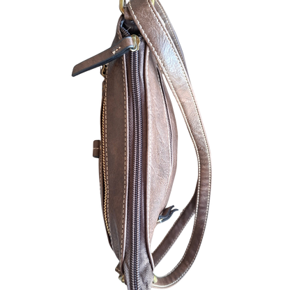 Cotton Road Sling Bag: COFFEE BROWN PU Leather with Metal Zips TOP VIEW