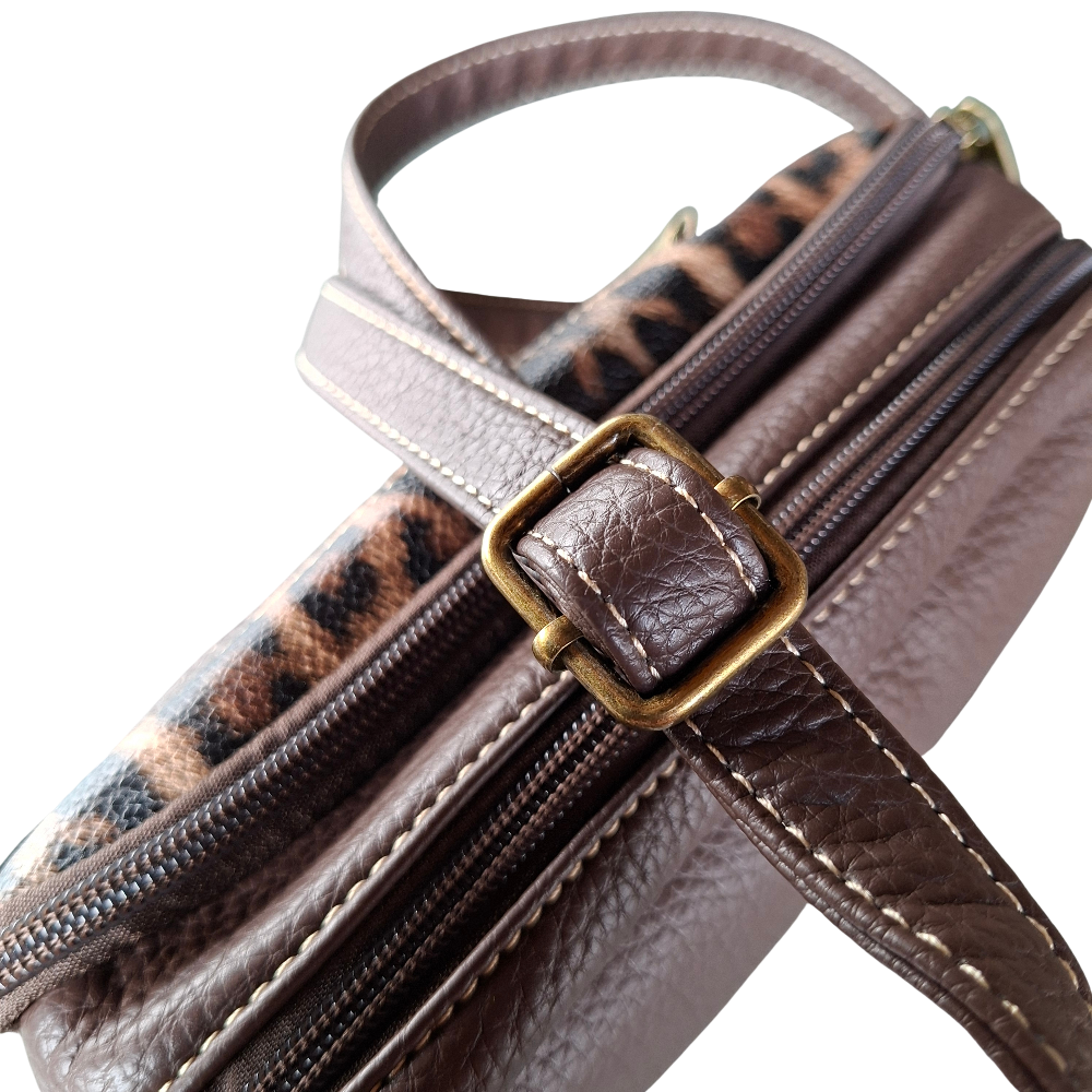 Cotton Road Sling Bag: COFFEE BROWN PU leather Crossbody with Leopard Print STRAPS VIEW