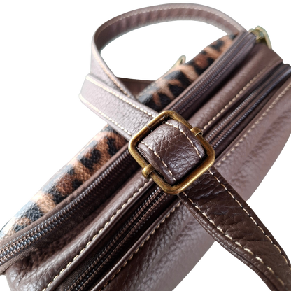 Cotton Road Sling Bag: COFFEE BROWN PU leather Crossbody with Leopard Print STRAPS VIEW
