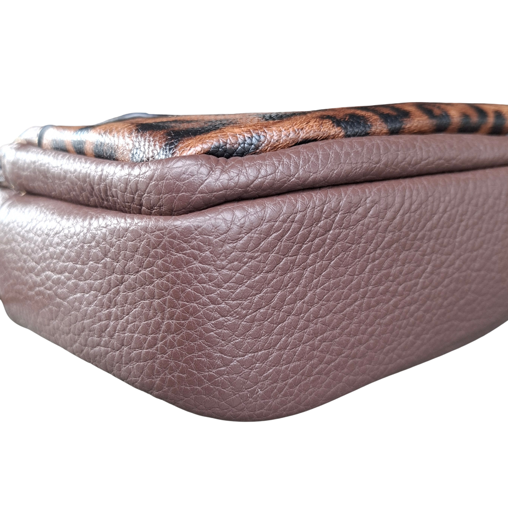 Cotton Road Sling Bag: COFFEE BROWN PU leather Crossbody with Leopard Print bottom corner view