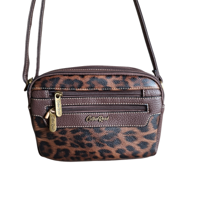 Cotton Road Sling Bag: COFFEE BROWN PU leather Crossbody with Leopard Print hanging view