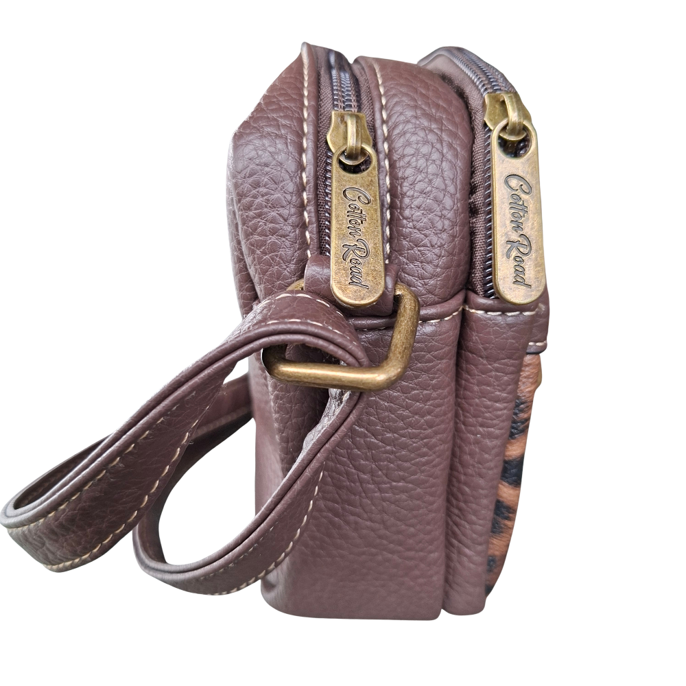 Cotton Road Sling Bag: COFFEE BROWN PU leather Crossbody with Leopard Print side view