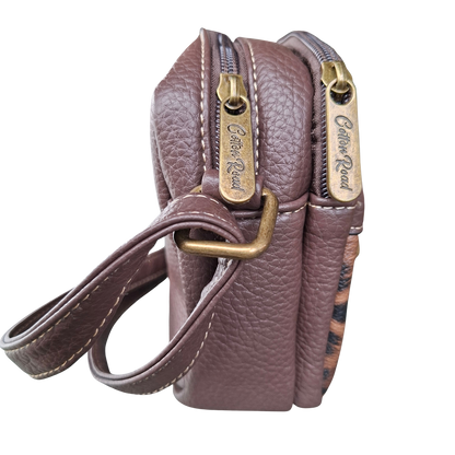 Cotton Road Sling Bag: COFFEE BROWN PU leather Crossbody with Leopard Print side view