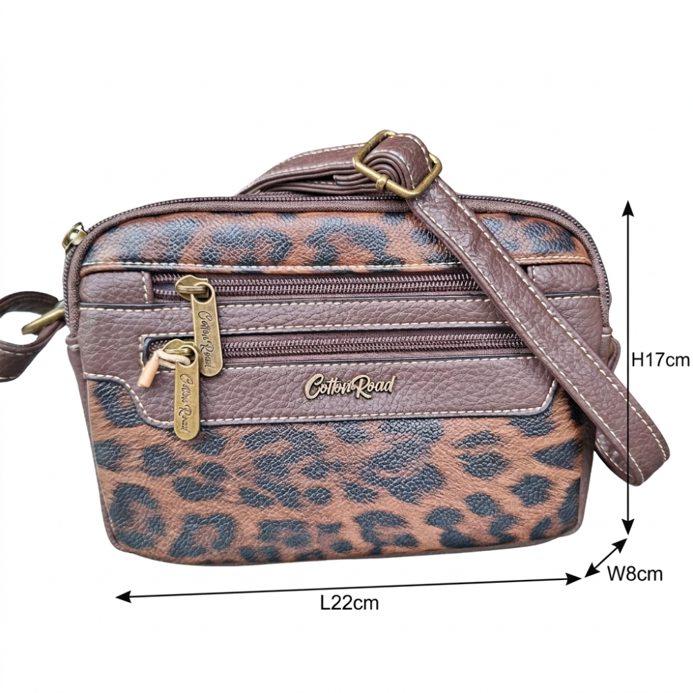 Cotton Road Sling Bag: COFFEE BROWN PU leather Crossbody with Leopard Print size