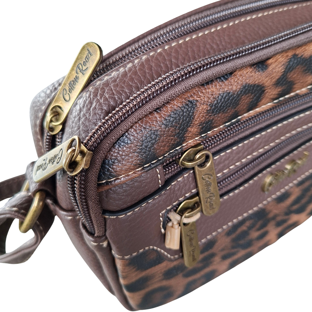Cotton Road Sling Bag: COFFEE BROWN PU leather Crossbody with Leopard Print zoom  side view
