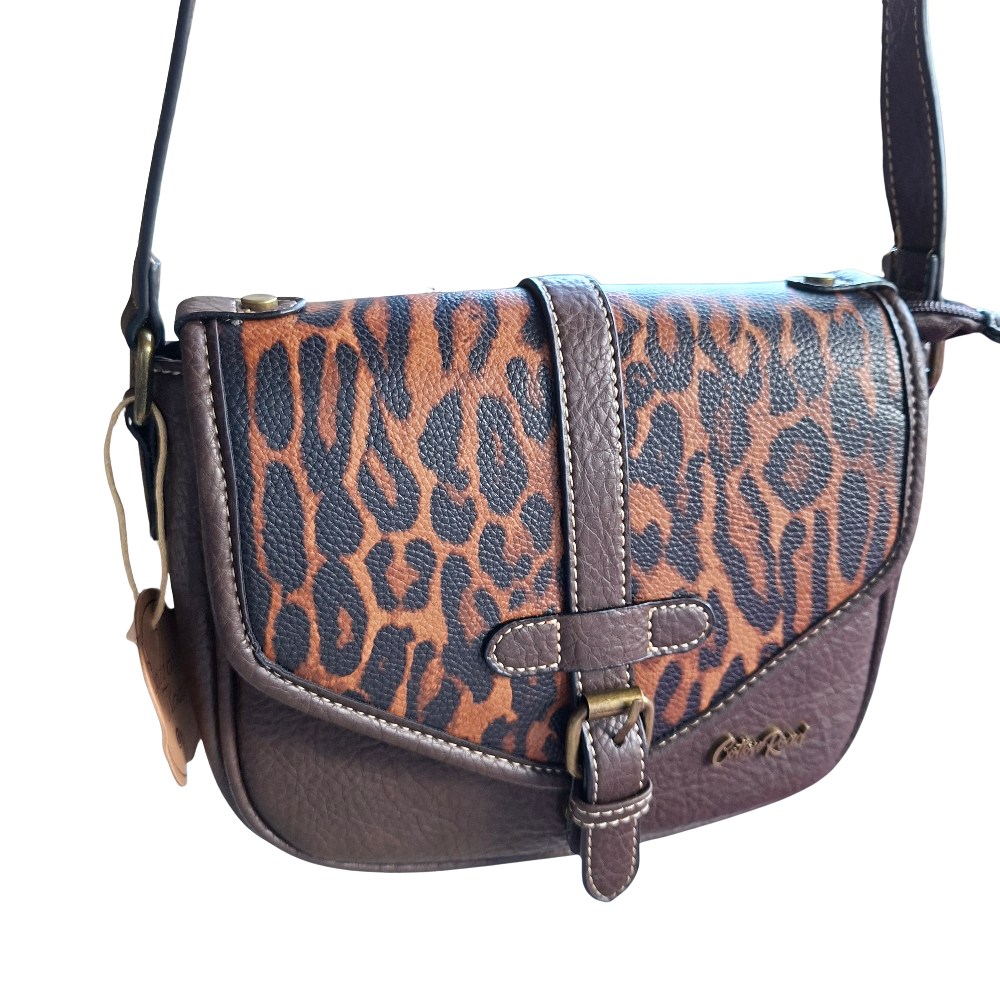 Cotton Road Sling Bag: COFFEE YELLOW PU Leather Crossbody with Leopard Print and Buckle Strap