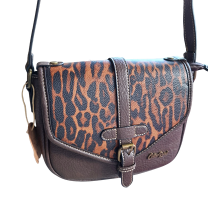 Cotton Road Sling Bag: COFFEE YELLOW PU Leather Crossbody with Leopard Print and Buckle Strap