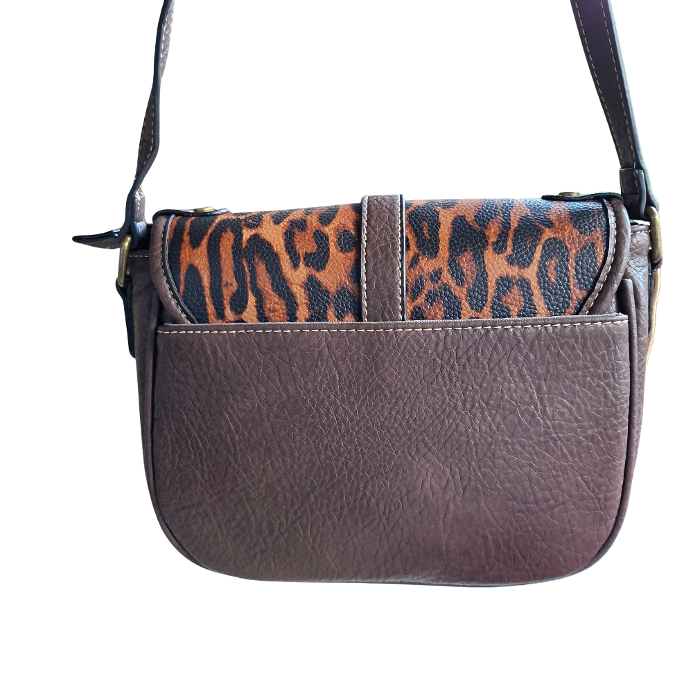 Cotton Road Sling Bag: COFFEE YELLOW PU Leather Crossbody with Leopard Print and Buckle Strap back