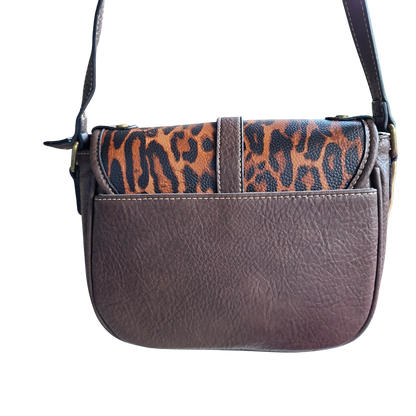 Cotton Road Sling Bag: COFFEE YELLOW PU Leather Crossbody with Leopard Print and Buckle Strap back