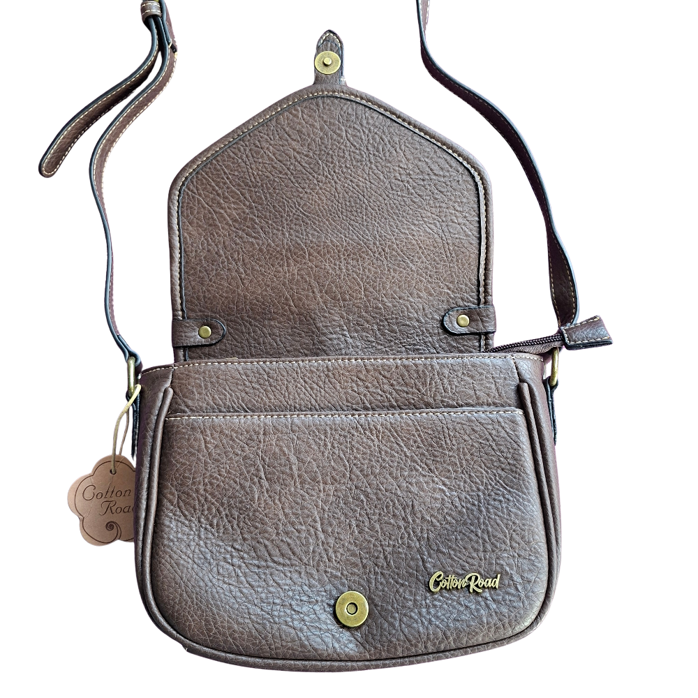 Cotton Road Sling Bag: COFFEE YELLOW PU Leather Crossbody with Leopard Print and Buckle Strap flap open