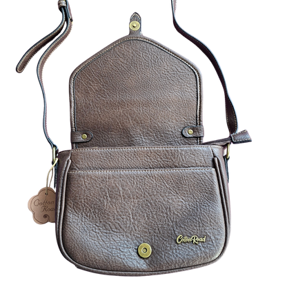 Cotton Road Sling Bag: COFFEE YELLOW PU Leather Crossbody with Leopard Print and Buckle Strap flap open