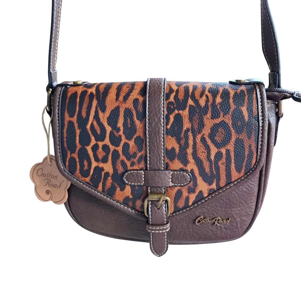 Cotton Road Sling Bag: COFFEE YELLOW PU Leather Crossbody with Leopard Print and Buckle Strap front