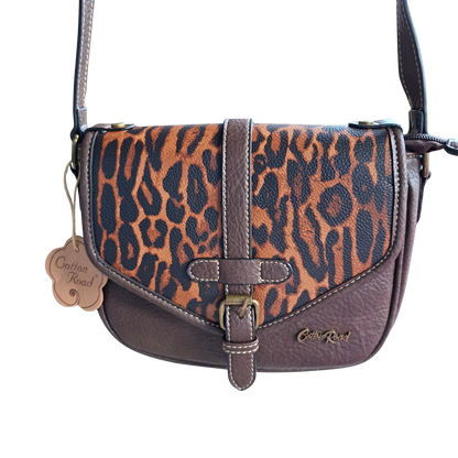 Cotton Road Sling Bag: COFFEE YELLOW PU Leather Crossbody with Leopard Print and Buckle Strap front