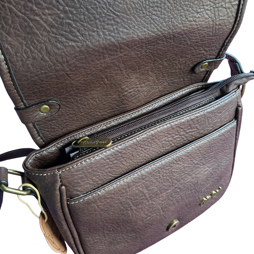 Cotton Road Sling Bag: COFFEE YELLOW PU Leather Crossbody with Leopard Print and Buckle Strap front flap open