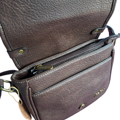 Cotton Road Sling Bag: COFFEE YELLOW PU Leather Crossbody with Leopard Print and Buckle Strap front flap open