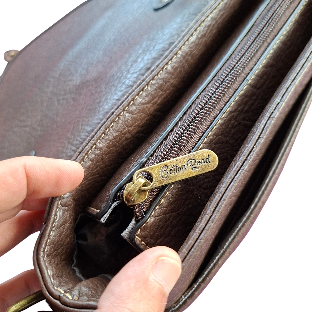 Cotton Road Sling Bag: COFFEE YELLOW PU Leather Crossbody with Leopard Print and Buckle Strap main compartment zip