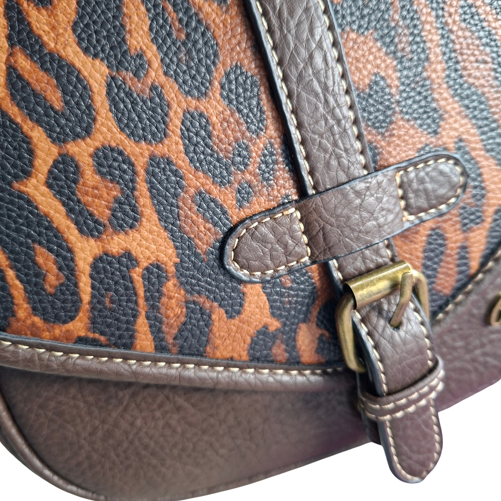 Cotton Road Sling Bag: COFFEE YELLOW PU Leather Crossbody with Leopard Print and Buckle Strap print