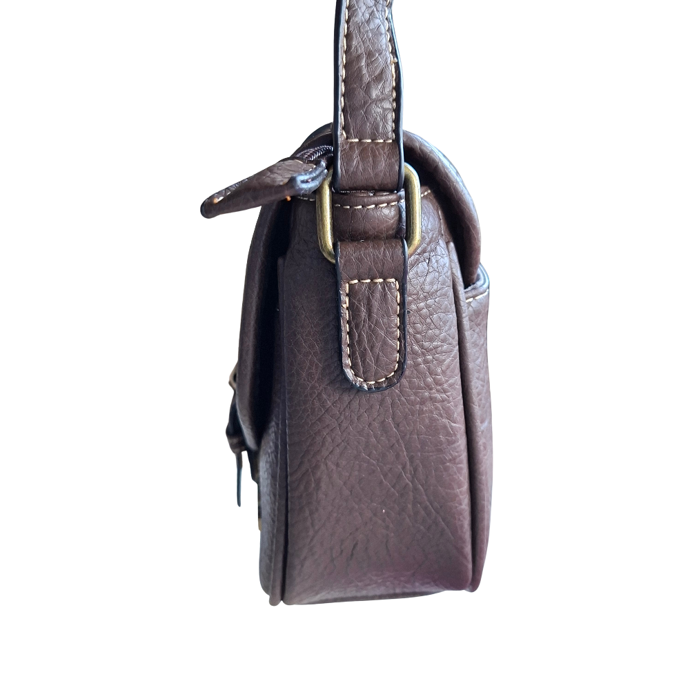 Cotton Road Sling Bag: COFFEE YELLOW PU Leather Crossbody with Leopard Print and Buckle Strap side