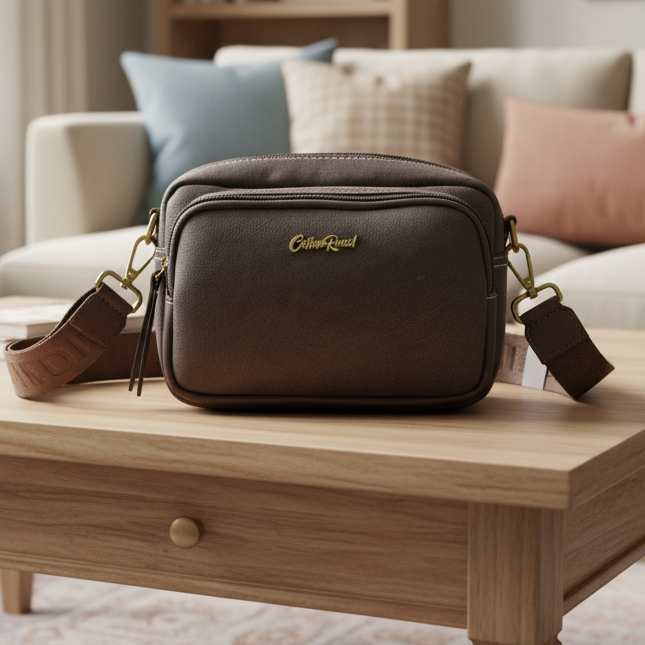 Cotton Road Sling Bag: DARK COFFEE Mini Crossbody with Branded Strap HERO