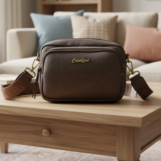 Cotton Road Sling Bag: DARK COFFEE Mini Crossbody with Branded Strap HERO
