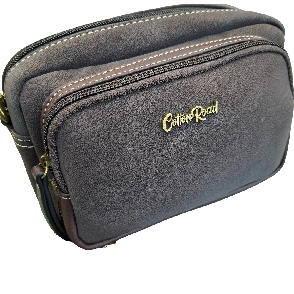 Cotton Road Sling Bag: DARK COFFEE Mini Crossbody with Branded Strap side and front