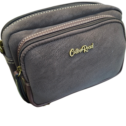 Cotton Road Sling Bag: DARK COFFEE Mini Crossbody with Branded Strap side and front