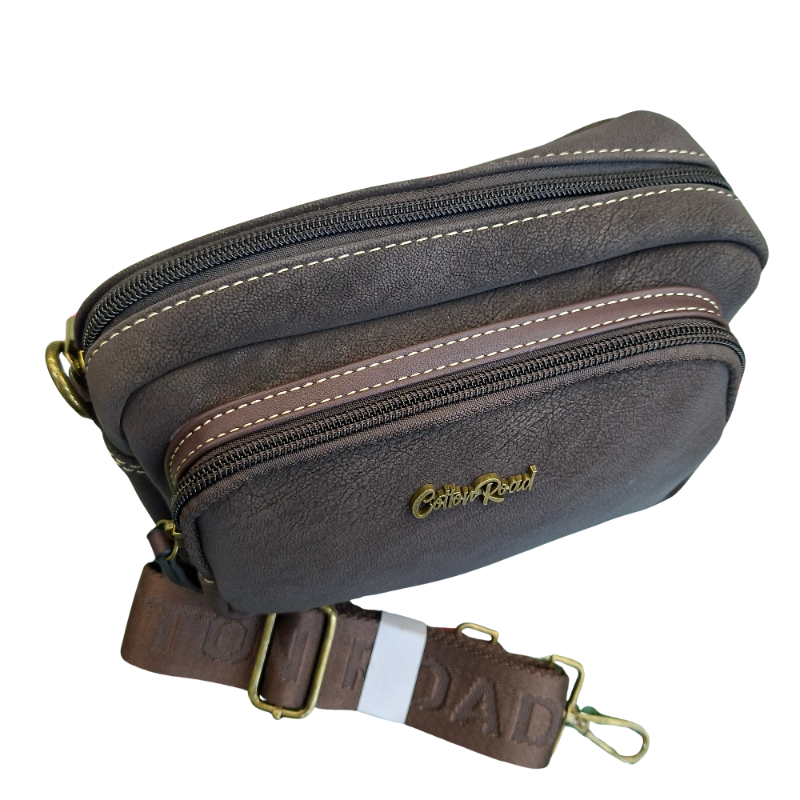 Cotton Road Sling Bag: DARK COFFEE Mini Crossbody with Branded Strap top view 
