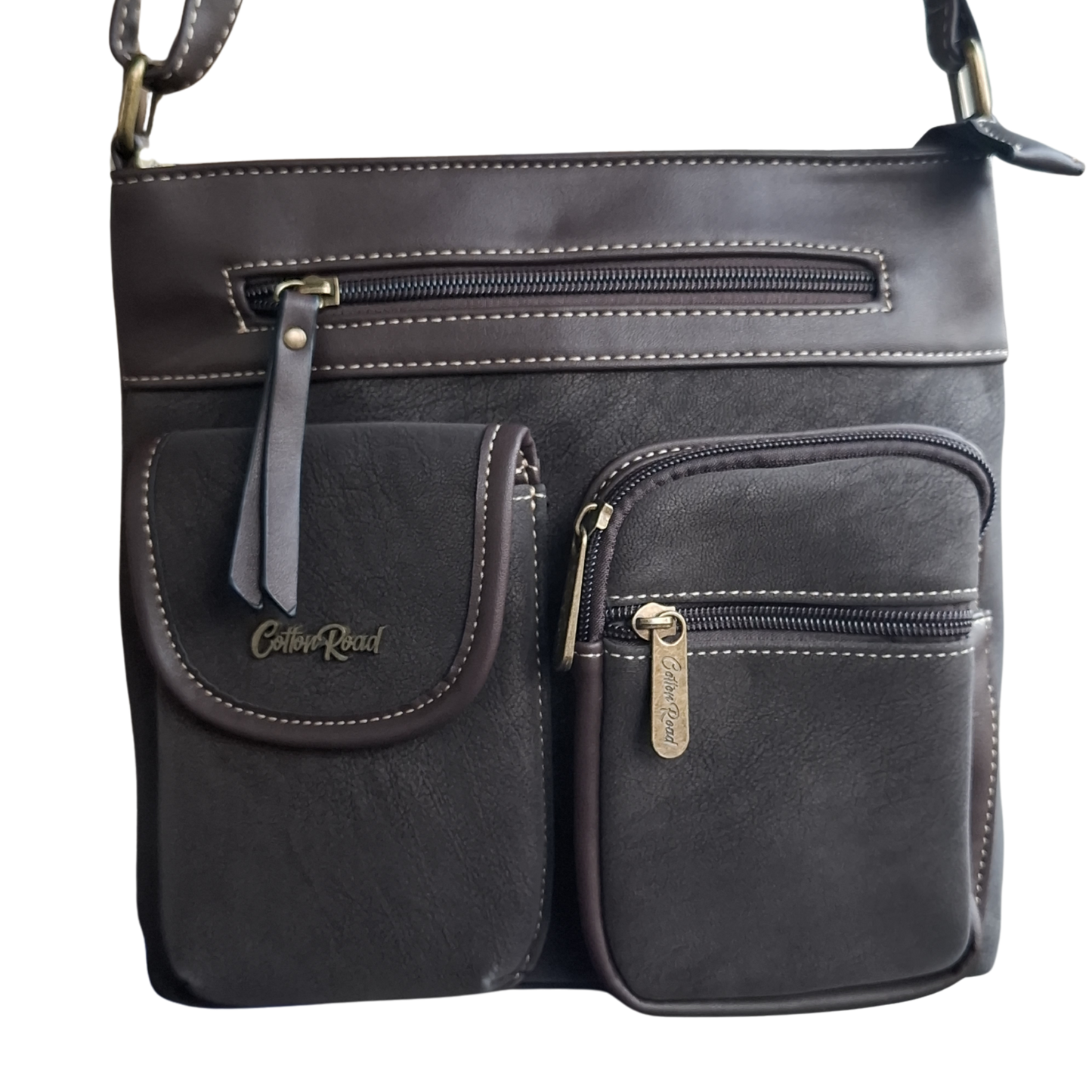 Cotton Road Sling Bag: DARK COFFEE Multi-pocket Crossbody with Adjustable Strap FRONT POCKET VIEW