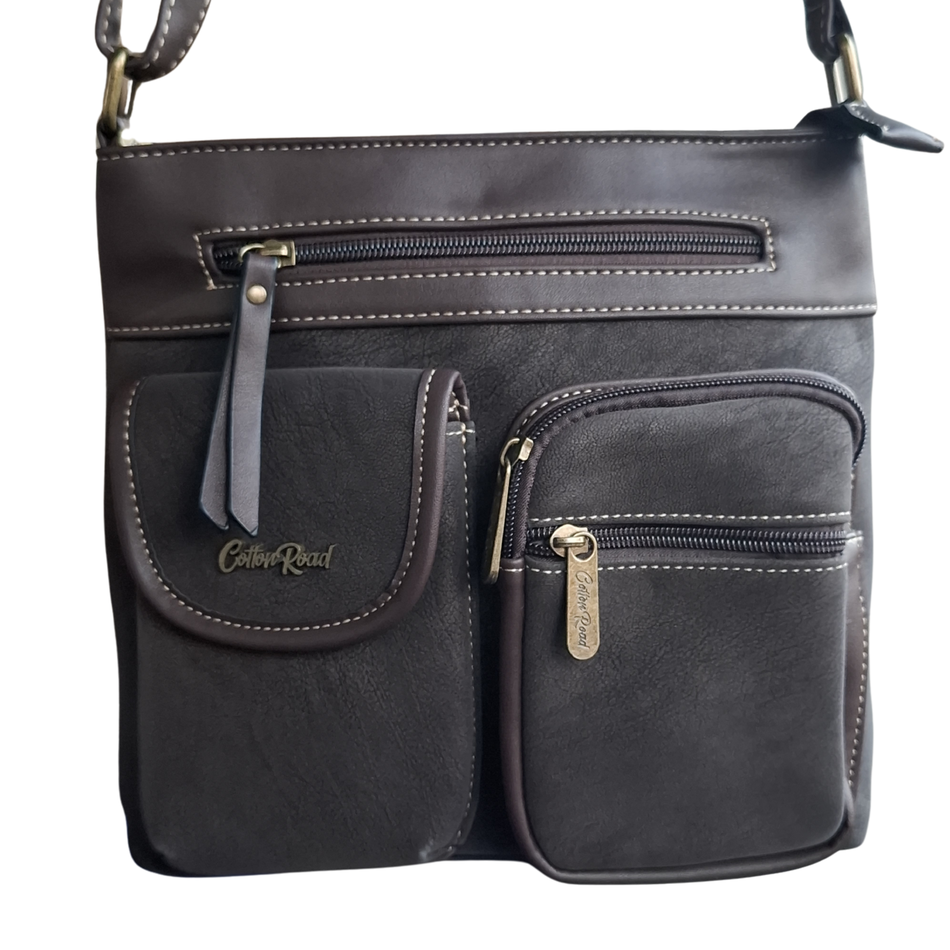 Cotton Road Sling Bag: DARK COFFEE Multi-pocket Crossbody with Adjustable Strap FRONT POCKET VIEW