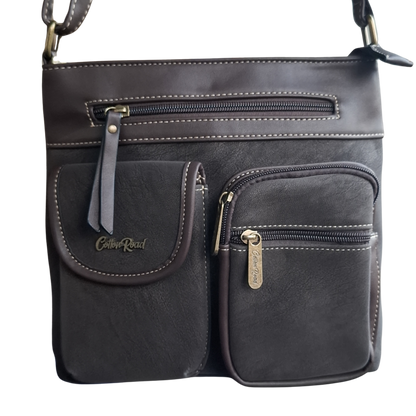 Cotton Road Sling Bag: DARK COFFEE Multi-pocket Crossbody with Adjustable Strap FRONT POCKET VIEW