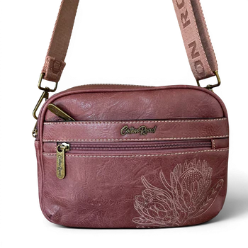 Cotton Road Sling Bag: Dusty Pink Protea PU Leather Crossbody Bag with Branded Strap DETAIL