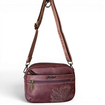 Cotton Road Sling Bag: Dusty Pink Protea PU Leather Crossbody Bag with Branded Strap FRONT HANGING