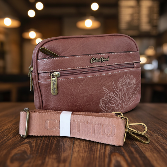 Cotton Road Sling Bag: DUSTY PINK Protea PU Leather Crossbody with Branded Strap