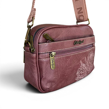 Cotton Road Sling Bag: Dusty Pink Protea PU Leather Crossbody Bag with Branded Strap SIDE VIEW